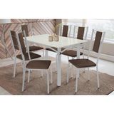 Conjunto: Mesa Sala Jantar Elba Tampo Madeirado C/ Vidro 120cm E 6 Cadeiras Lisboa Cromada/off White - Courano Marrom - Kappesberg