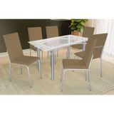 Conjunto: Mesa Sala Jantar Elba C/ Tampo De Vidro 150cm E 6 Cadeiras Amsterdã Cromada - Courano Capuccino - Kappesberg