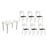 Conjunto: Mesa Sala Jantar Elba Tampo Madeirado C/ Vidro 120cm E 6 Cadeiras Portugal Cromada/off White - Courano Marrom - Kappesberg