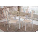 Conjunto: Mesa Sala Jantar Elba Tampo Madeirado C/ Vidro 160cm E 6 Cadeiras Lisboa Cromada/freijo Bronze - Courano Bege - Kappesberg