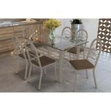 Conjunto: Mesa Sala Jantar Elba C/ Tampo De Vidro 140cm E 6 Cadeiras Holanda Niquel - Courano Marrom - Kappesberg