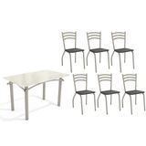 Conjunto: Mesa Sala Jantar Elba Tampo Madeirado C/ Vidro 120cm E 6 Cadeiras Portugal Niquel/off White - Courano Preto - Kappesberg
