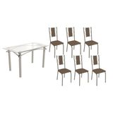 Conjunto: Mesa Sala Jantar Elba C/ Tampo De Vidro 140cm E 6 Cadeiras Lisboa Niquel - Courano Marrom - Kappesberg
