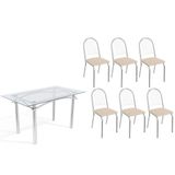 Conjunto: Mesa De Cozinha Elba C/ Tampo De Vidro 140cm E 6 Cadeiras Noruega Cromada - Courano Bege - Kappesberg