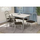 Conjunto: Mesa Sala Jantar Elba Tampo Madeirado C/ Vidro 120cm E 6 Cadeiras Noruega Niquel/off White - Courano Marrom - Kappesberg