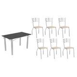 Conjunto: Mesa De Cozinha Elba Tampo Madeirado C/ Vidro 120cm E 6 Cadeiras Portugal Cromada/preto - Courano Bege - Kappesberg