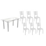 Sala De Jantar Completa Elba C/ Tampo De Vidro 150cm E 6 Cadeiras Lisboa Cromada - Courano Branco - Kappesberg