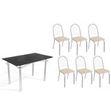 Conjunto: Mesa De Cozinha Elba Tampo Madeirado C/ Vidro 120cm E 6 Cadeiras Noruega Cromada/preto - Courano Bege - Kappesberg