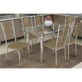 Conjunto: Mesa Sala Jantar Elba C/ Tampo De Vidro 120cm E 6 Cadeiras Lisboa Cromada - Courano Capuccino - Kappesberg