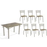 Conjunto: Mesa De Cozinha Elba Tampo Madeirado C/ Vidro 120cm E 6 Cadeiras Portugal Niquel/freijo Bronze - Courano Capuccino - Kappesberg