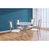 Conjunto: Mesa Sala Jantar Volga C/ Tampo De Vidro 95cm E 4 Cadeiras Florença Niquel - Courano Bege - Kappesberg