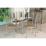 Conjunto: Mesa Sala Jantar Elba C/ Tampo De Vidro 150cm E 6 Cadeiras Florença Niquel - Courano Capuccino - Kappesberg