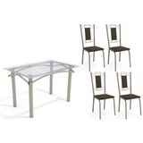 Conjunto: Mesa Sala Jantar Elba C/ Tampo De Vidro 120cm E 4 Cadeiras Florença Niquel - Courano Marrom - Kappesberg