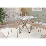 Conjunto: Mesa Sala Jantar Volga C/ Tampo De Vidro 90cm E 4 Cadeiras Noruega Niquel - Courano Bege - Kappesberg