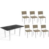 Conjunto: Mesa De Cozinha Elba Tampo Madeirado C/ Vidro 160cm E 6 Cadeiras Zaria Cromada/preto - Boucle Bege - Kappesberg