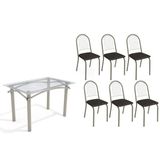 Conjunto: Mesa Sala Jantar Elba C/ Tampo De Vidro 120cm E 6 Cadeiras Noruega Niquel - Courano Preto - Kappesberg