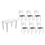 Conjunto: Mesa Sala Jantar Elba Tampo Madeirado C/ Vidro 120cm E 6 Cadeiras Portugal Cromada/off White - Courano Preto - Kappesberg