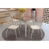 Conjunto: Mesa Sala Jantar Elba C/ Tampo De Vidro 120cm E 4 Cadeiras Portugal Niquel - Courano Bege - Kappesberg
