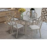 Conjunto: Mesa Sala Jantar Elba C/ Tampo De Vidro 150cm E 6 Cadeiras Holanda Niquel - Courano Branco - Kappesberg
