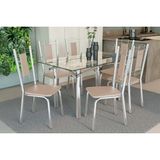 Conjunto: Mesa Sala Jantar Elba C/ Tampo De Vidro 140cm E 6 Cadeiras Florença Cromada - Courano Bege - Kappesberg