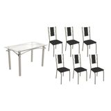 Conjunto: Mesa Sala Jantar Elba C/ Tampo De Vidro 120cm E 6 Cadeiras Lisboa Niquel - Courano Preto - Kappesberg