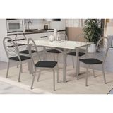 Conjunto: Mesa De Cozinha Elba Tampo Madeirado C/ Vidro 160cm E 6 Cadeiras Holanda Niquel/off White - Courano Preto - Kappesberg