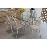 Conjunto: Mesa Sala Jantar Elba C/ Tampo De Vidro 140cm E 6 Cadeiras Holanda Cromada - Courano Bege - Kappesberg