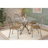 Conjunto: Mesa De Cozinha Volga C/ Tampo De Vidro 90cm E 4 Cadeiras Holanda Niquel - Courano Capuccino - Kappesberg