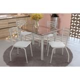 Conjunto: Mesa Sala Jantar Elba C/ Tampo De Vidro 140cm E 6 Cadeiras Portugal Niquel - Courano Branco - Kappesberg