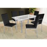 Conjunto: Mesa Sala Jantar Elba C/ Tampo De Vidro 150cm E 6 Cadeiras Amsterdã Cromada - Courano Preto - Kappesberg