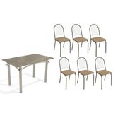 Conjunto: Mesa Sala Jantar Elba Tampo Madeirado C/ Vidro 120cm E 6 Cadeiras Noruega Niquel/freijo Bronze - Courano Capuccino - Kappesberg