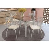 Conjunto: Mesa Sala Jantar Elba C/ Tampo De Vidro 140cm E 6 Cadeiras Portugal Niquel - Courano Bege - Kappesberg