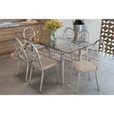 Sala De Jantar Completa Elba C/ Tampo De Vidro 150cm E 6 Cadeiras Holanda Cromada - Courano Bege - Kappesberg