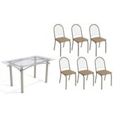 Conjunto: Mesa Sala Jantar Elba C/ Tampo De Vidro 140cm E 6 Cadeiras Noruega Niquel - Courano Capuccino - Kappesberg