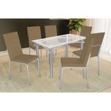 Conjunto: Mesa Sala Jantar Elba C/ Tampo De Vidro 120cm E 6 Cadeiras Amsterdã Cromada - Courano Capuccino - Kappesberg