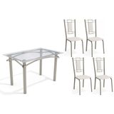 Conjunto: Mesa Sala Jantar Elba C/ Tampo De Vidro 120cm E 4 Cadeiras Florença Niquel - Courano Branco - Kappesberg