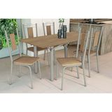 Conjunto: Mesa De Cozinha Elba C/ Tampo De Madeira 160cm E 6 Cadeiras Florença Niquel/nogueira - Courano Capuccino - Kappesberg