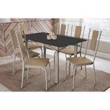 Conjunto: Mesa Sala Jantar Elba Tampo Madeirado C/ Vidro 160cm E 6 Cadeiras Lisboa Niquel/preto - Courano Capuccino - Kappesberg