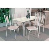 Conjunto: Mesa De Cozinha Elba Tampo Madeirado C/ Vidro 120cm E 6 Cadeiras Florença Cromada/off White - Courano Bege - Kappesberg
