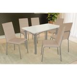 Conjunto: Mesa Sala Jantar Elba Tampo Madeirado C/ Vidro 120cm E 6 Cadeiras Amsterdã Niquel/off White - Courano Bege - Kappesberg