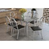 Conjunto: Mesa De Cozinha Elba C/ Tampo De Vidro 140cm E 6 Cadeiras Holanda Cromada - Courano Preto - Kappesberg