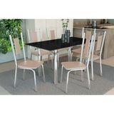 Conjunto: Mesa De Cozinha Elba Tampo Madeirado C/ Vidro 160cm E 6 Cadeiras Florença Cromada/preto - Courano Bege - Kappesberg
