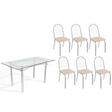 Conjunto: Mesa De Cozinha Elba C/ Tampo De Vidro 150cm E 6 Cadeiras Noruega Cromada - Courano Bege - Kappesberg
