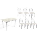 Conjunto: Mesa De Cozinha Elba Tampo Madeirado C/ Vidro 120cm E 6 Cadeiras Noruega Cromada/off White - Courano Branco - Kappesberg