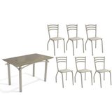 Conjunto: Mesa De Cozinha Elba Tampo Madeirado C/ Vidro 120cm E 6 Cadeiras Portugal Niquel/freijo Bronze - Courano Bege - Kappesberg
