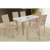 Conjunto: Mesa Sala Jantar Elba C/ Tampo De Vidro 140cm E 6 Cadeiras Amsterdã Niquel - Courano Bege - Kappesberg