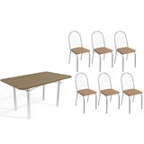 Conjunto: Mesa Sala Jantar Elba C/ Tampo De Madeira 160cm E 6 Cadeiras Noruega Cromada/nogueira - Courano Capuccino - Kappesberg