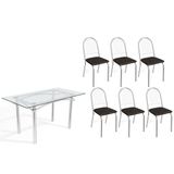 Conjunto: Mesa De Cozinha Elba C/ Tampo De Vidro 150cm E 6 Cadeiras Noruega Cromada - Courano Preto - Kappesberg