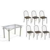 Conjunto: Mesa Sala Jantar Elba C/ Tampo De Vidro 120cm E 6 Cadeiras Noruega Niquel - Courano Marrom - Kappesberg