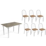 Conjunto: Mesa Sala Jantar Elba Tampo Madeirado C/ Vidro 120cm E 6 Cadeiras Noruega Cromada/freijo Bronze - Courano Capuccino - Kappesberg